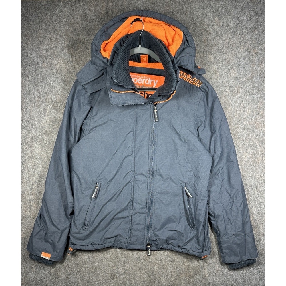 Superdry The Windcheater Jacket Mens XL Gray Orange Fleece Lined Hooded Zip